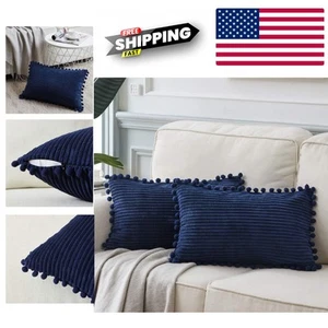 Elegant Pack of 2 Boho Lumbar Pillow Covers with Pom-poms, Navy Blue 12x20 - Picture 1 of 9