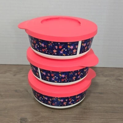 3 Tupperware twist, stack & store 7641A & 7766A 350ml floral pattern peachy lid - Image 1 of 4