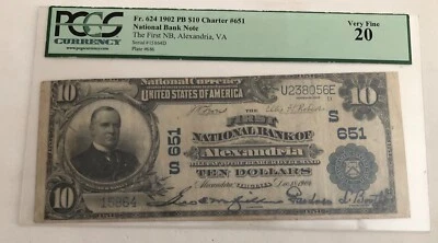 ALEXANDRIA VIRGINIA PCGS VERY FINE 20- 1902 CH 651 $10 PLAIN BACK NOTE  - Image 1 of 3