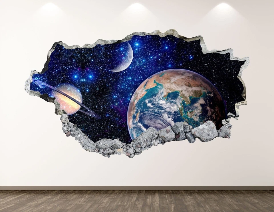 Space Wall Decal - Earth Planet 3D Smashed Wall Art Sticker Kids Room Decor - Image 1 of 1
