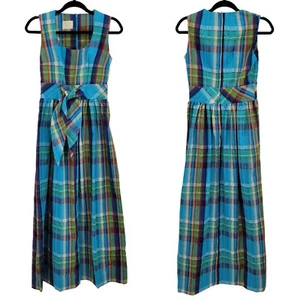 Vintage 70er Kleid M blau Regenbogen kariert A-Linie Maxi strukturiert Cottagecore - Bild 1 von 12