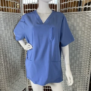 MedGear Women's Scrub Top Size 2XL V-Neck Short Slv Ceil Blue Zip Pocket - Picture 1 of 8