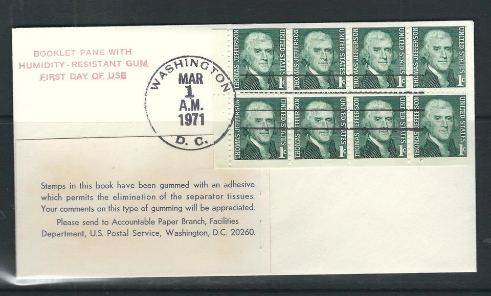 USA SC # 1278e Jefferson FDC Pane Of 8 , Variety Dull Gum . Cacheted cover - Image 1 of 1