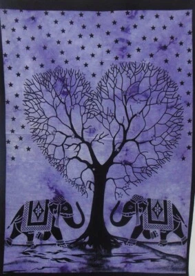 Heart Tree Elephants Cotton Tapestry Wall Hanging Purple Home Decor Dye 40x30" - Image 1 of 4