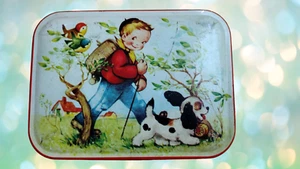 Tin Toffee Thornes Boy Hiking w/ Dog Storage Leeds England 5.5" x 4.25" - 1950's - Picture 1 of 12