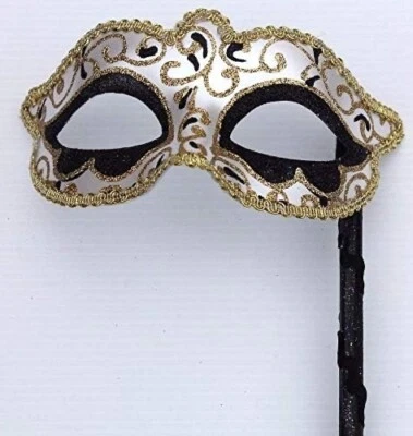 GOLD IVORY & BLACK VENETIAN MASQUERADE PARTY CARNIVAL BALL MASK HAND HELD STICK - Image 1 of 4