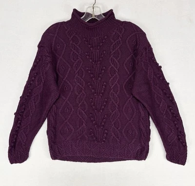 Suéter de pescador tejido con cable LL Bean para mujer pequeño dobladillo enrollado cuello púrpura texturizado Foto 1 de 4