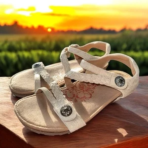 Aetrex Jillian Quarter Ivory Strap Wedge Sandals with Braided Detailing - Picture 1 of 3