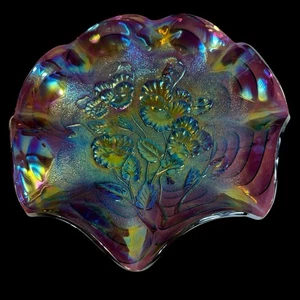 Elektrische alte kaiserliche Karneval Glas Amethyst Stiefmütterchen Schüssel 8" gekräuselt ATEMBERAUBEND! - Bild 1 von 14