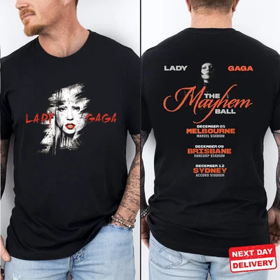 Lady Gaga The Mayhem Ball 2025 Tour T-Shirt Australia Concert Dates Black Tee - image 1 of 4
