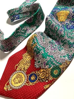 GIANNI VERSACE VINTAGE AÑOS 90 BARROCO MEDUSA JOYERÍA CORBATA TESORO VERDE IT... - Imagen 1 de 4