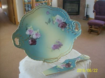 Prato de bolo estilo vitoriano vintage floral rosa turquesa carregador com servidor - Imagem 1 de 4