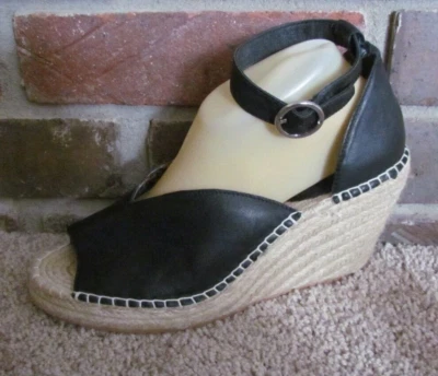 Sandalia Seychelles Mujer Talla 9.5 Correa Tobillo Alpargata Cuña Cuero Negro Foto 1 de 4