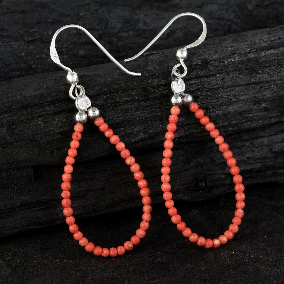 Artigianale 925 Argento Gancio Orecchini Naturale Pesca Corallo Pendenti Perline - Immagine 1 di 3