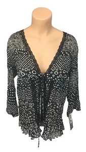 Elementz women's black top sheer tie front lace crinkle button front size large - Picture 1 of 5