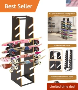 8-Layer Skateboard Rack Floor Stand, Wooden Skateboard Display Rack, Longboar... - Picture 1 of 10