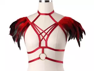 Red Feather Shouldered Harness with ring Gothic Pride Angel Demon - Picture 1 of 4