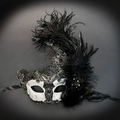 Feather Masquerade Ball Mask Silver Black M7634 - Image 1 of 4