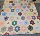 Grandmothers Flower Garden Hand Made Quilt Large Cream Backing Stitched 