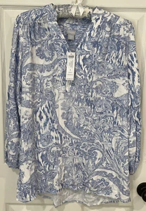 Chico’s Sz 1 (8-10) NWT $89 Peasant Pullover Top Blue Veil Pattern 3/4 Sleeve - Picture 1 of 7