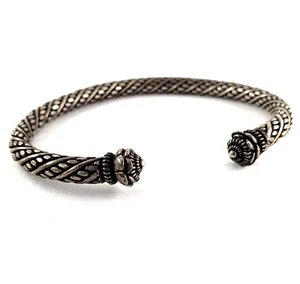 Sterling Silver Cable Cuff Bracelet Twisted Rope Bali Flower End Caps 7.5" VTG - Picture 1 of 9