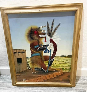 Artisan Hand Painted Wolf Kachina Painting signed Native American Wall Art - Picture 1 of 12
