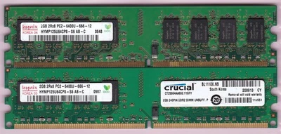 4GB 2x2GB PC2-6400 CRUCIAL CT25664AA800.Y16FY HYNIX DDR2-800 Ram Memory Kit DIMM - Image 1 of 2