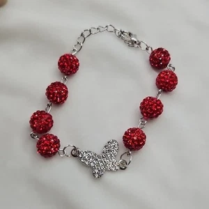 Pulsera con cuentas de diamantes de imitación rojos mariposa tono plata joyería de moda - Imagen 1 de 6
