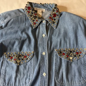 Vintage Damen Jeanshemd geblendete Edelsteine Gr. M bunte Farbe Taschen Bündchen - Bild 1 von 14