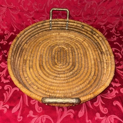 Pottery Barn Handwoven Rattan Oval 21” Serving Tray Brass Handles Basket Butler - Image 1 of 4
