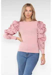 Womens Ladies Oversized Long Balloon Puff Sleeve Ribbed Jumper Blouse Shirt Tops - Picture 1 of 15
