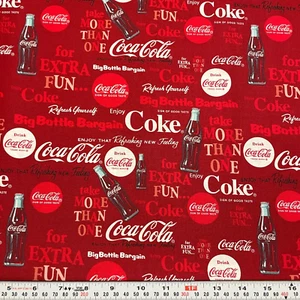 Coca-Cola Logo Graphics for Sykel Dark Red Cotton Fabric by the HALF YARD - Picture 1 of 2