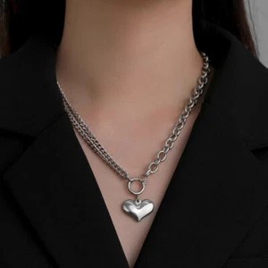925 Sterling Silver Thick Chain Necklace Vintage Design LOVE Heart Pendant Gifts - Picture 1 of 6