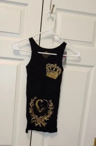 New Girl Flowers By Zoe Black Gold Bling Crown Heart Ribbed Tank Top Size L 10/1 - Picture 1 of 2