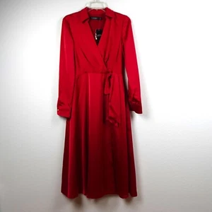Ralph Lauren Red Cocktail Dress Women’s Size 0 Long Sleeve Satiny Midi Holiday - Picture 1 of 9