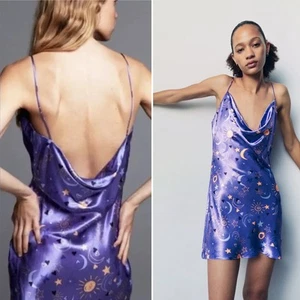 Zara Sun Moon Star Celestial Satin Silky Mini Slip Dress Purple Blogger Sz S NWT - Picture 1 of 12