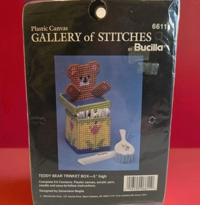 BUCILLA Plastic Canvas Cross Stitch Needlecraft Kit Teddy Bear Trinket Box NEW - Image 1 of 4
