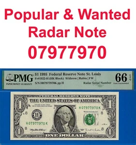 1995 $1 Federal Reserve Note PMG 66EPQ wanted fancy radar 07977970 - Picture 1 of 4