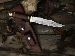 CUSTOM HANDMADE D2 STEEL HUNTING BOWIE KNIFE W/STACKED LEATHER HANDLE & SHEATH - Afbeelding 1 van 7