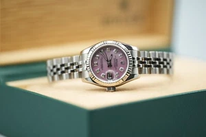 Ladies Steel & White Gold Rolex Datejust 26 179174 Custom Pink MOP Diamond Dial - Picture 1 of 7
