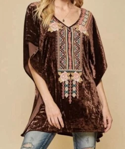 Andree By Unit Embroidered Chocolate Brown Velvet Top Slouchy Boho Large​​ - Foto 1 di 9