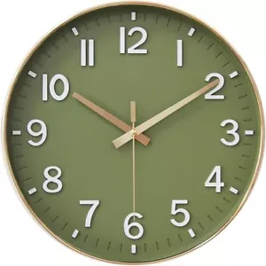 12" Silent Non-Ticking Modern Wall Clock, Olive Green & Gold, Battery Operated - Picture 1 of 9