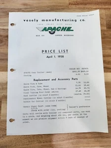 Rare Vesely/ Apache Camper Trailer Dealer Price List From 1958 - Picture 1 of 3