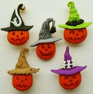 JACKS IN HATS Craft Buttons Pumpkin Halloween Witch Wizard Scarecrow Dress It Up - Picture 1 of 2
