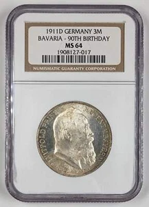 1911 D Germany 3 Mark Bavaria 90th Birthday NGC MS 64 - Picture 1 of 3