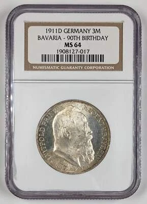 1911 D Germany 3 Mark Bavaria 90th Birthday NGC MS 64 - Image 1 of 3