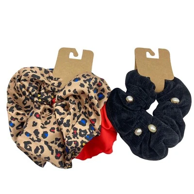 2 Sets Berry Nordstrom 3 Large Scrunchies Black Velvet Leopard Silky Pearl NWT - Image 1 of 4