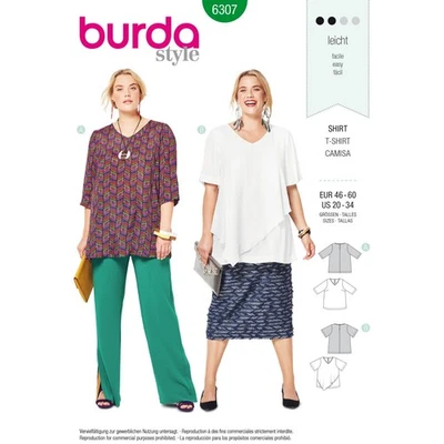 BURDA 6307 T-SHIRTS Women's Sewing Pattern Plus Sizes 20-34 Skill: EASY - Image 1 of 4