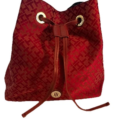 Tommy Hilfiger Logo Rich Red 'TH' Monogram Drawstring Bucket Handbag - Image 1 of 4