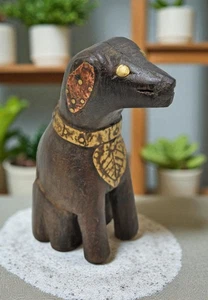 Vintage Wooden Small Dog Figurine Original Old Hand Carved Brass Fitted - Picture 1 of 7